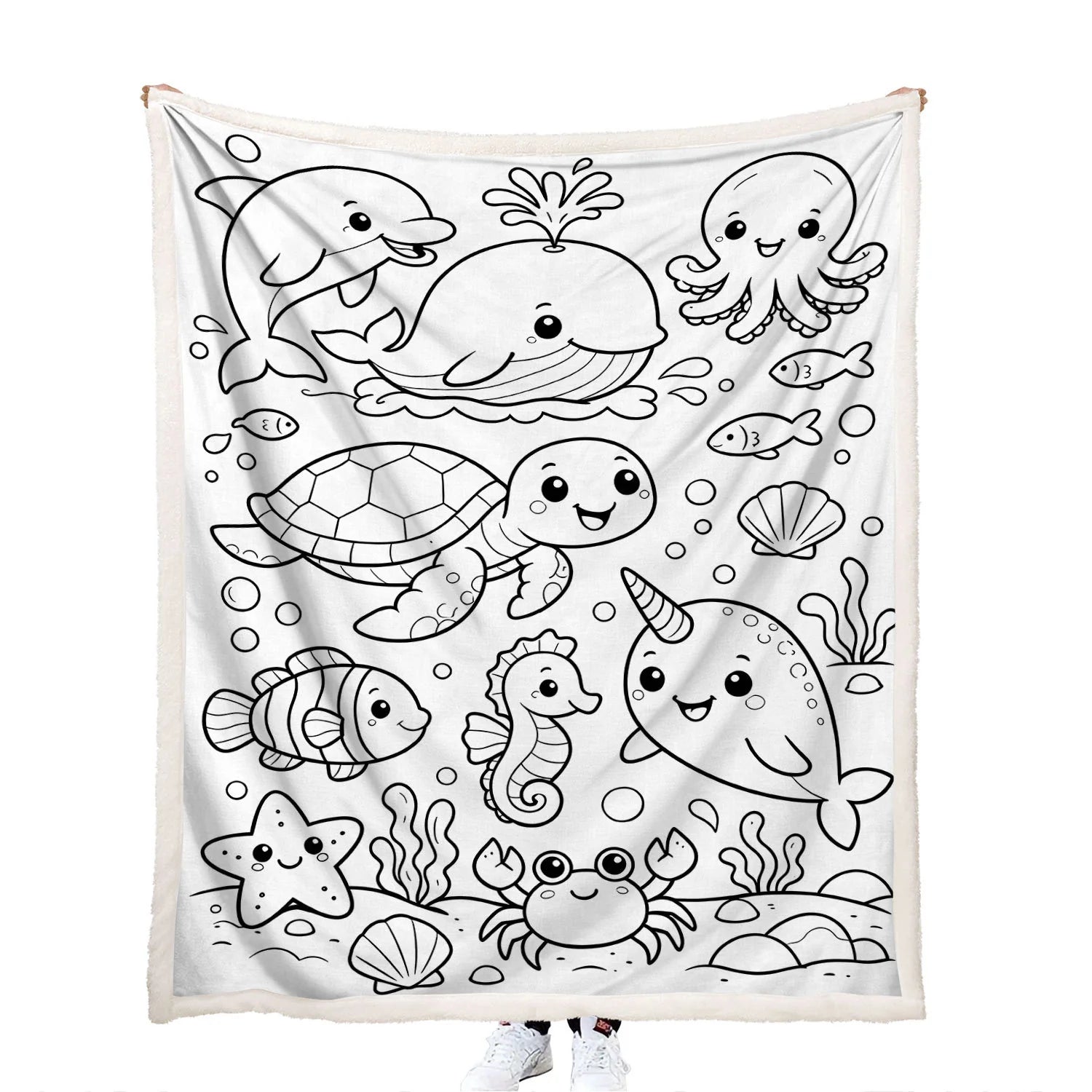 kids art activity dolphins, a whale, octopus, turtle, fish, seahorse, crab, starfish, and shells throw blanket with canvas front
