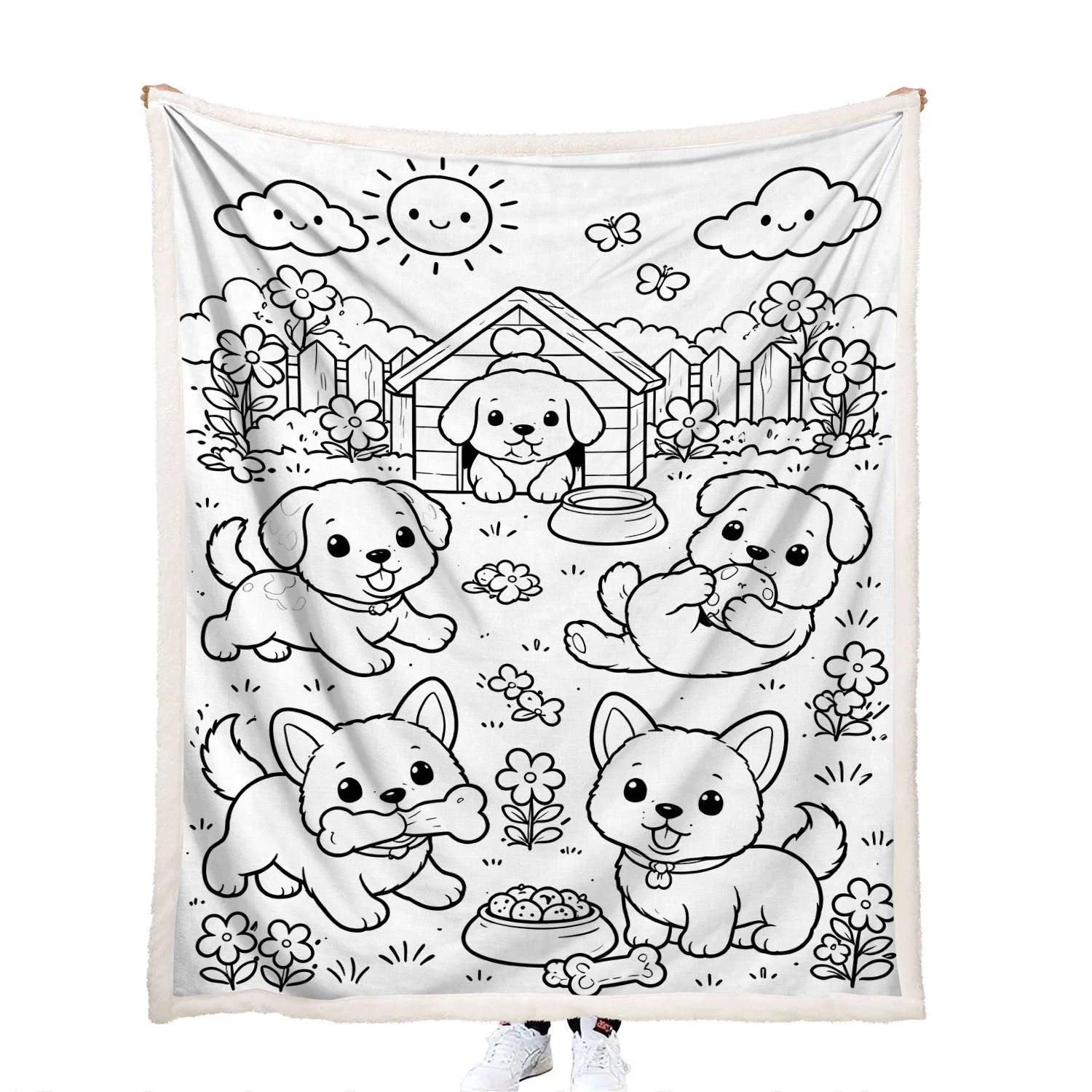 DIY art colorable playful puppies and doghouse blanket with soft fleece backing