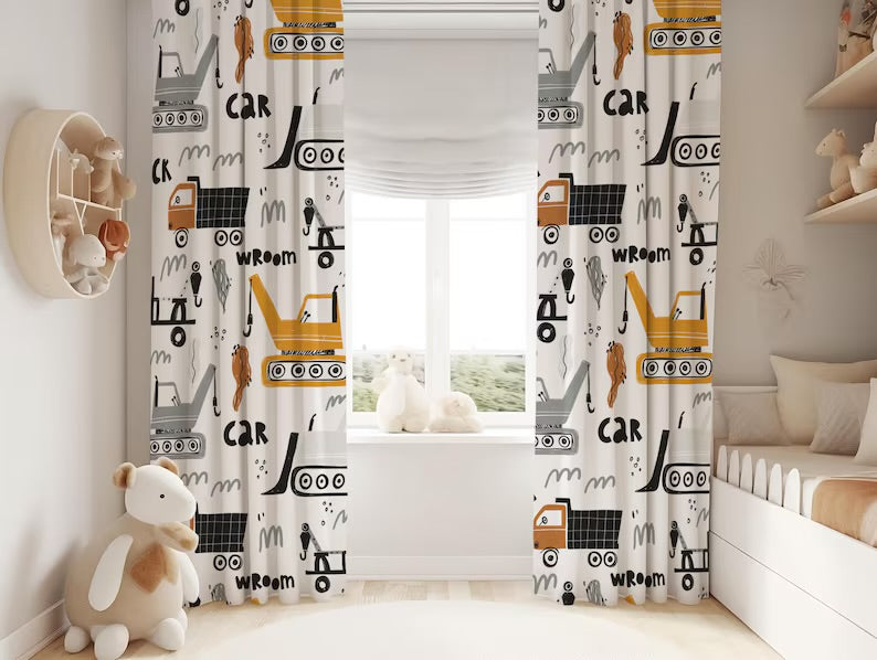 Construction Truck Curtains: Kids Room Decor, Excavator Print