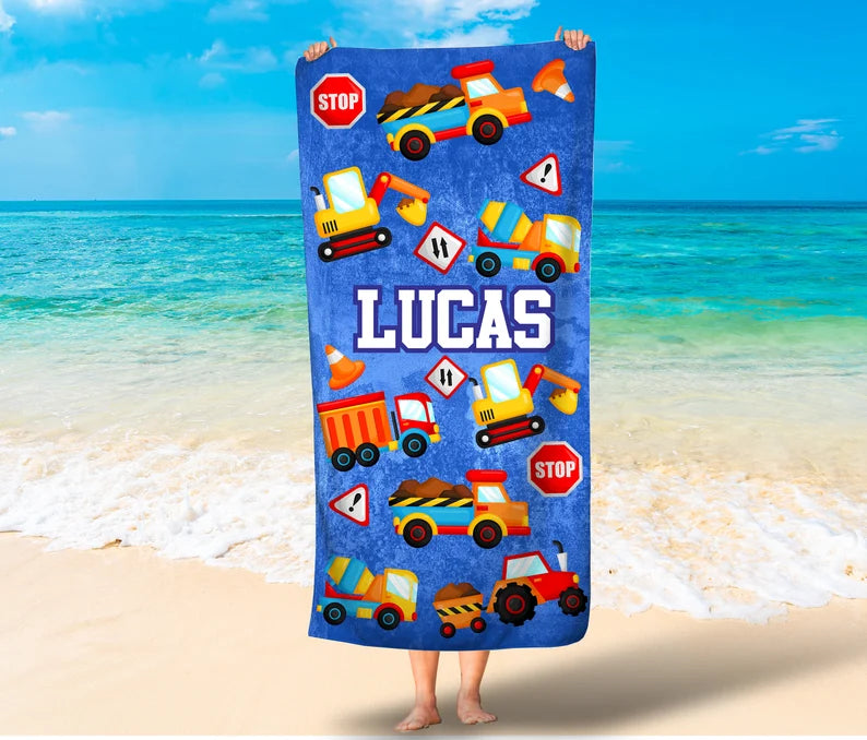 Construction boys beach towel/Trucks beach towel/kids personalized beach towel/dump truck beach towels/boys beach towel/Free Shipping