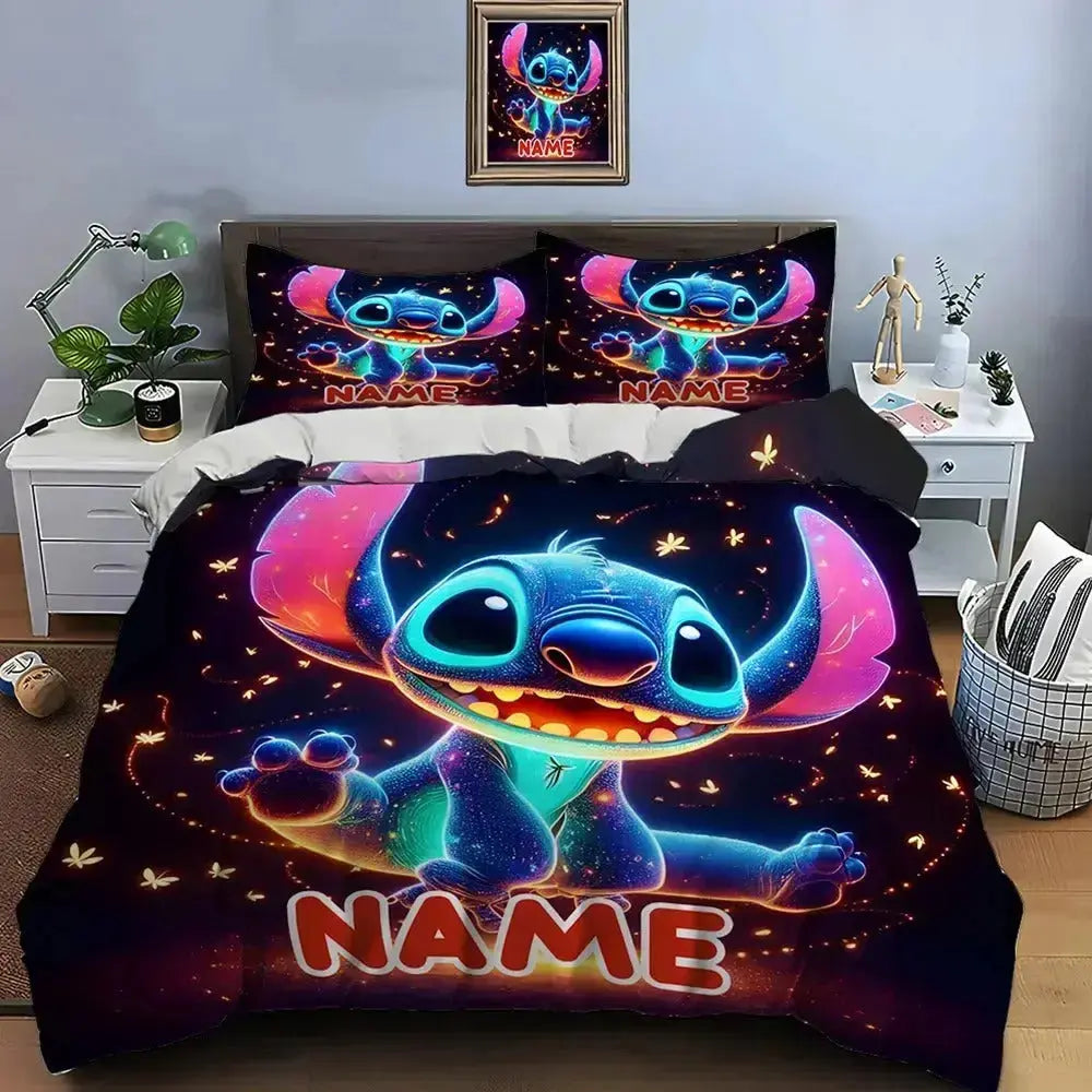 Stitch Ohana Bedding set with colorful character design on a bed, featuring pillows and a comforter.