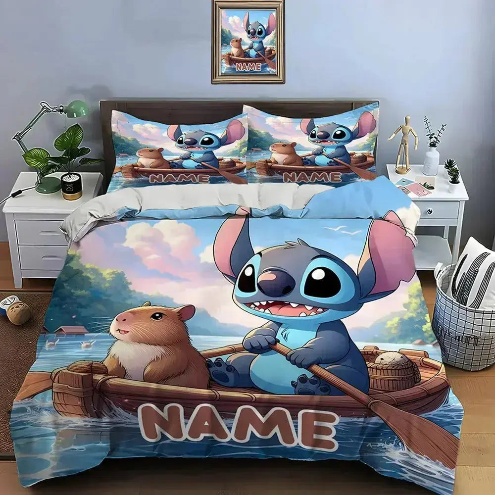 Personalized kids' bedding set with cartoon character print and custom name option, made from soft and durable microfiber fabric.