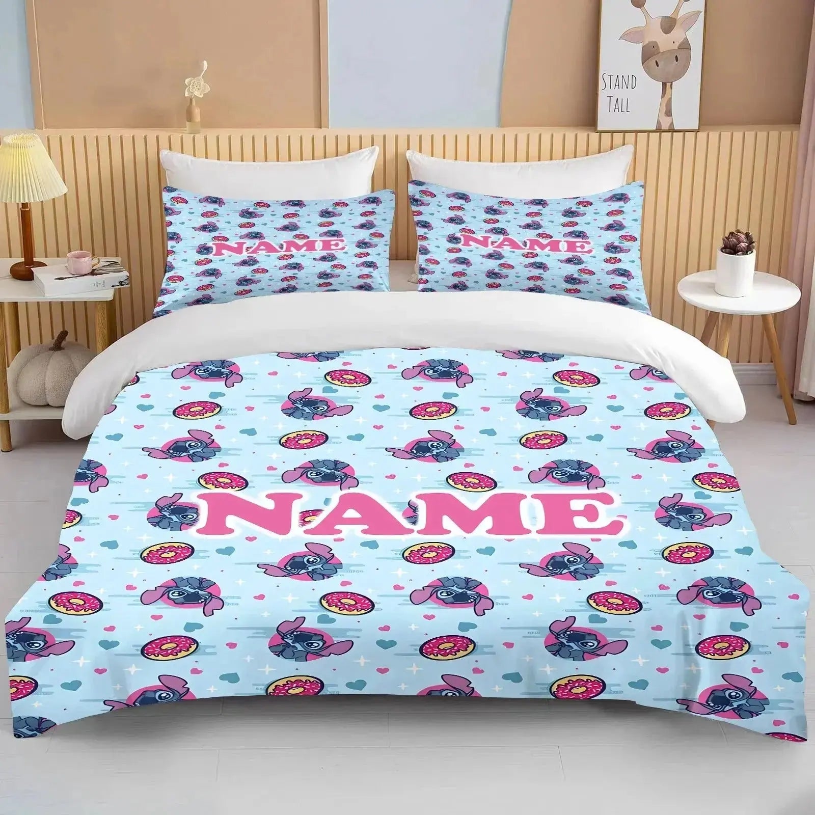 Anime-inspired kids bedding set with custom name text field, colorful cartoon print, and soft comfort for all seasons.