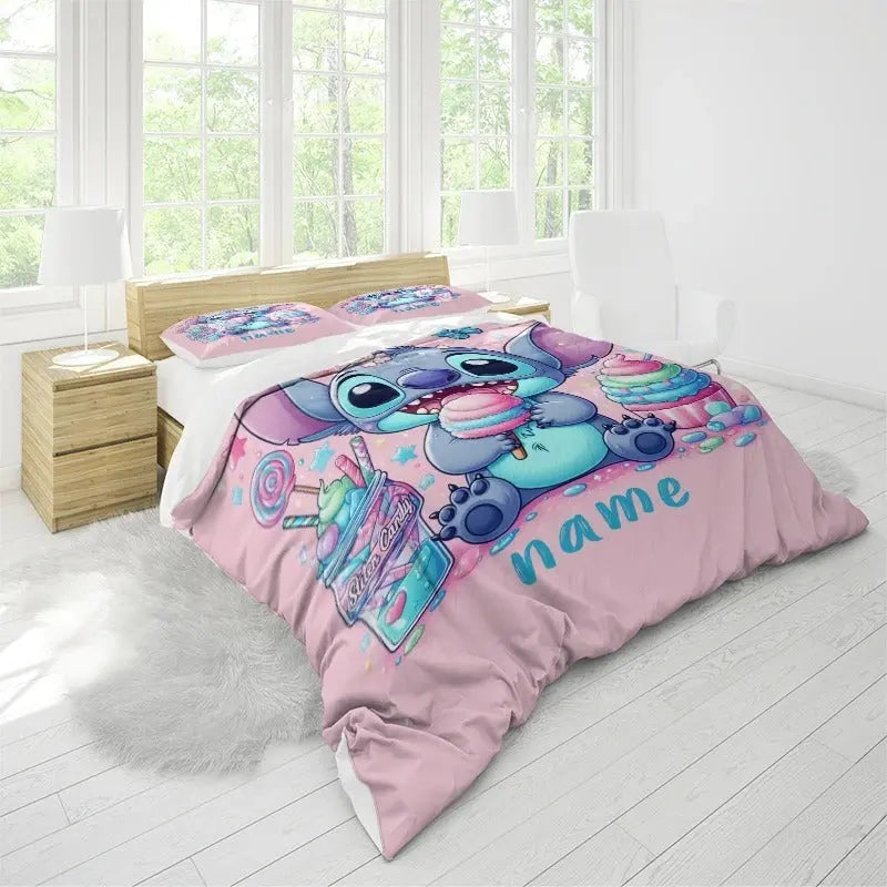 Personalized Stitch duvet cover with custom name print – cute cartoon bedding for kids and teens