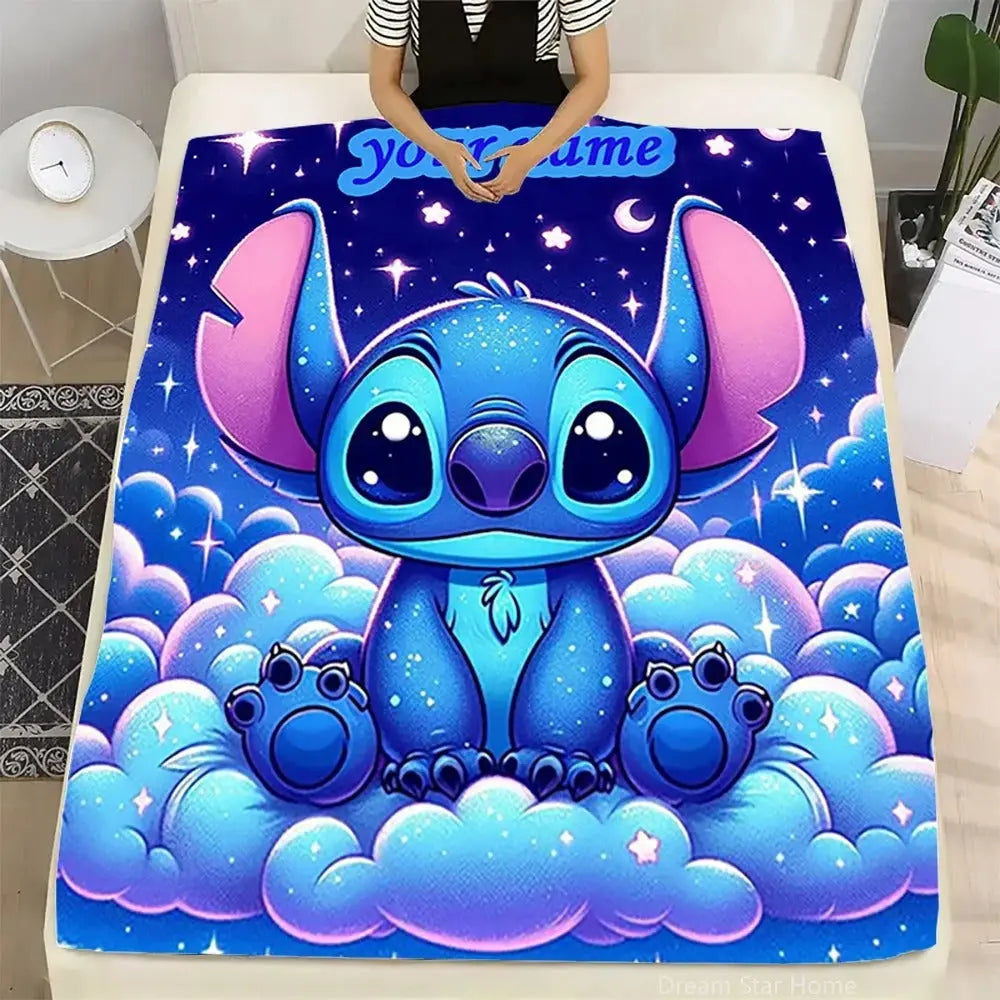Custom Stitch Ohana cartoon throw blanket with personalized name – soft Disney-inspired fleece blanket for bed, sofa, or kids' gift