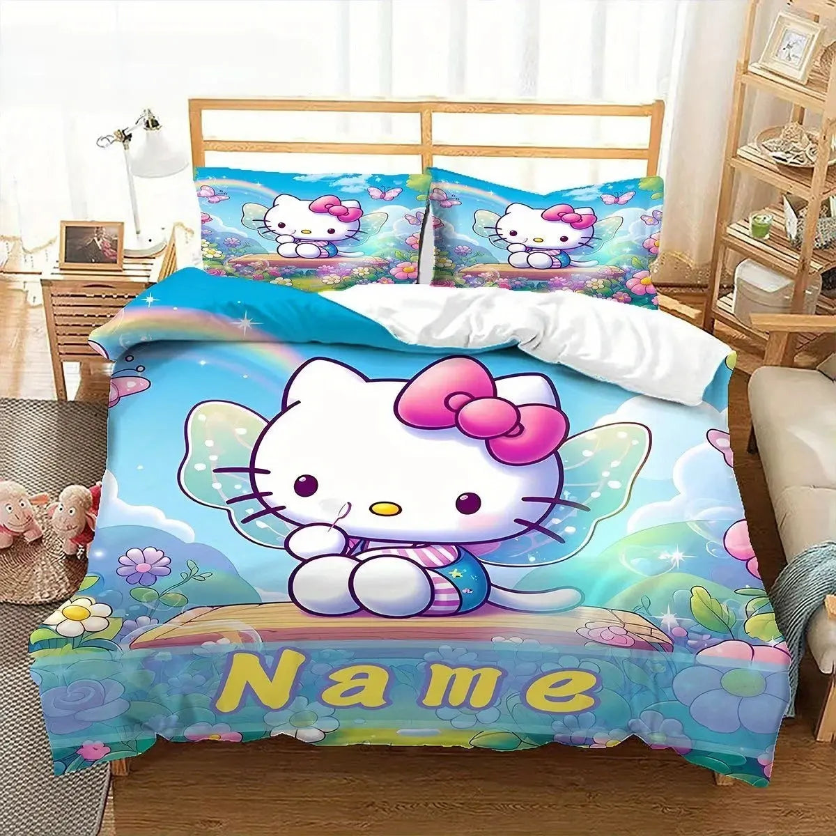 Custom Hello Kitty duvet cover with butterfly wings and name, cute cartoon bedding set for queen, king, or full size bedroom decor