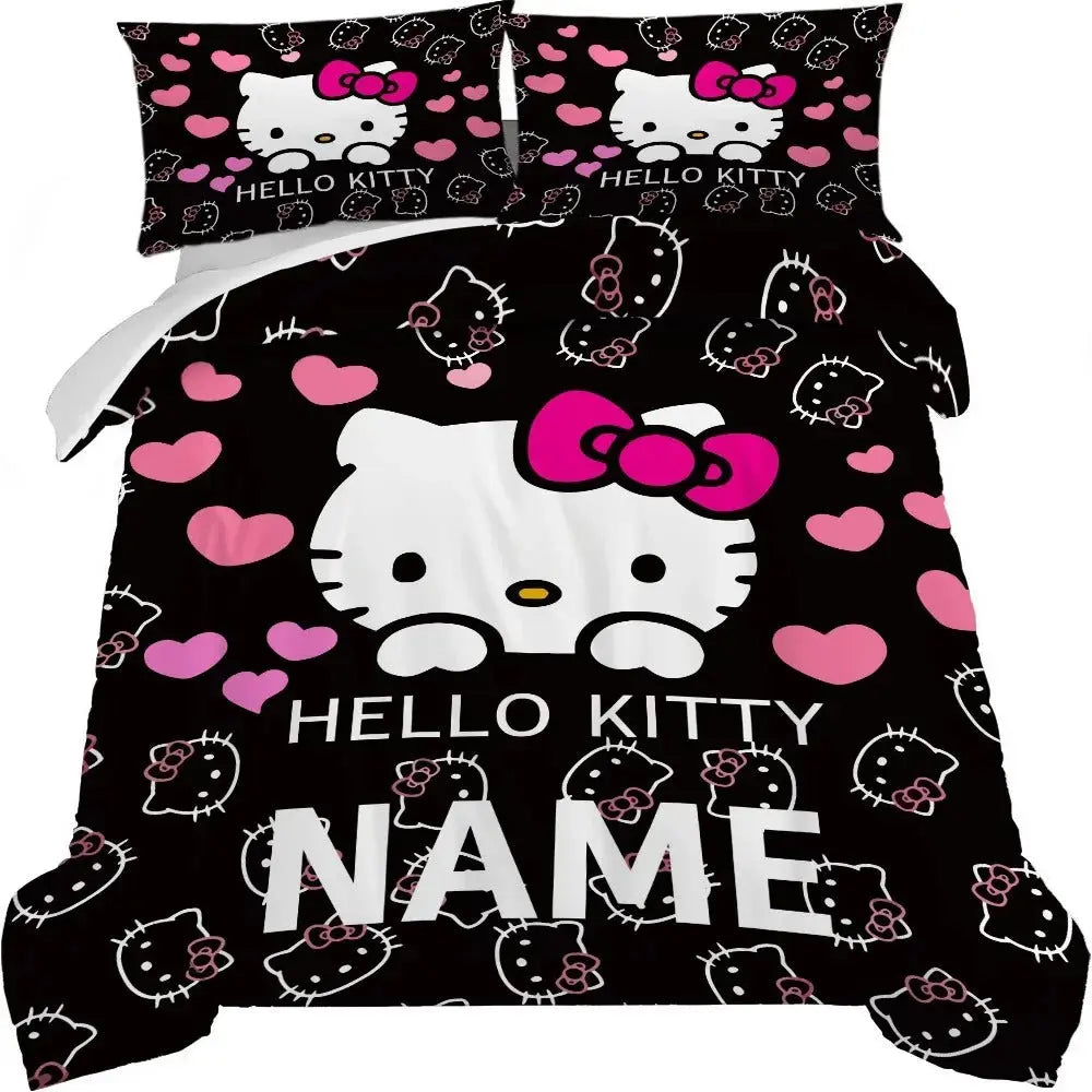 Hello Kitty custom name duvet cover set for kids, featuring cartoon print and personalized quilt cover for children birthday gift
