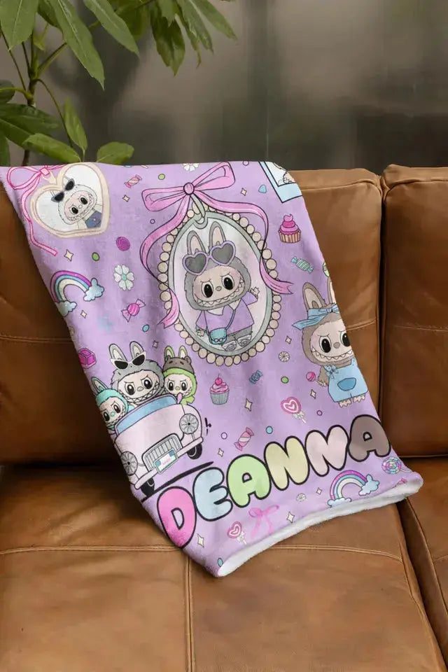 Labubu character custom name blanket – cozy flannel throw for children’s bedroom or gift idea for anime lovers