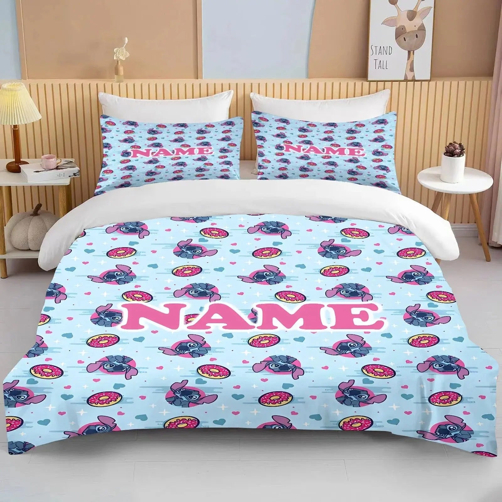 Close-up of Disney Stitch print on personalized duvet cover and pillowcases