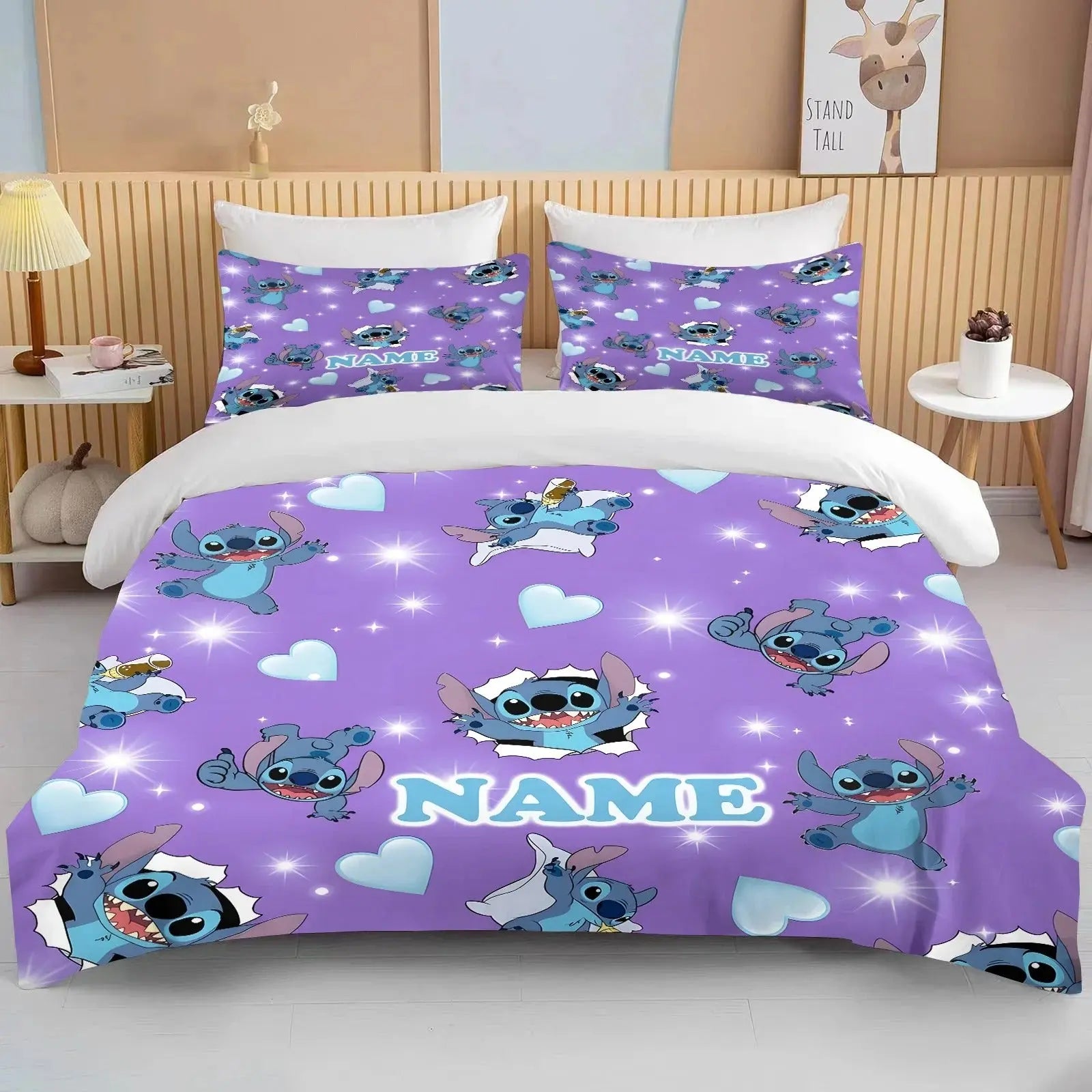 Soft and Purple Color Stitch quilt cover spread on bed with customized text