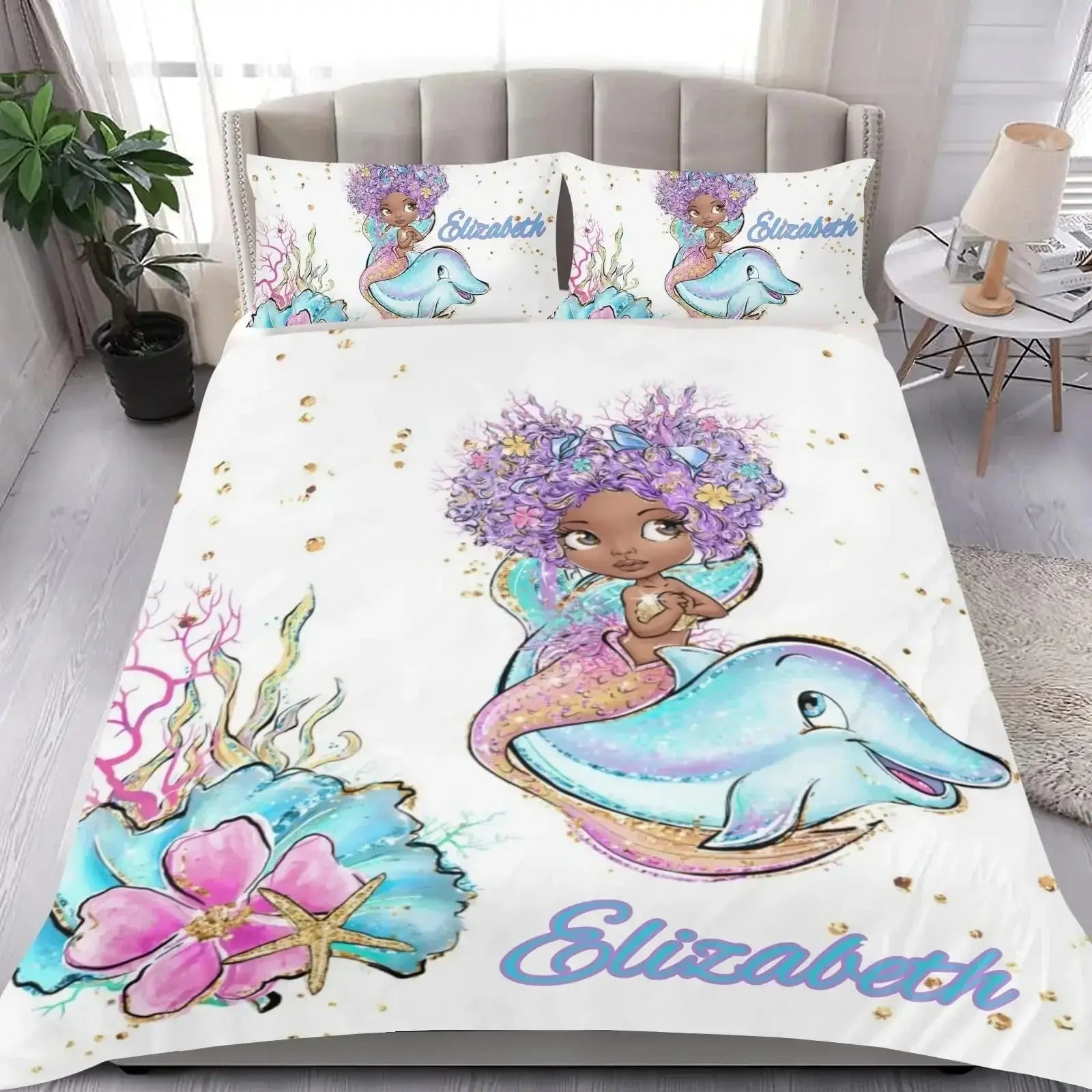 Bedding set with mermaid and dolphin design featuring the name 'Elizabeth'.