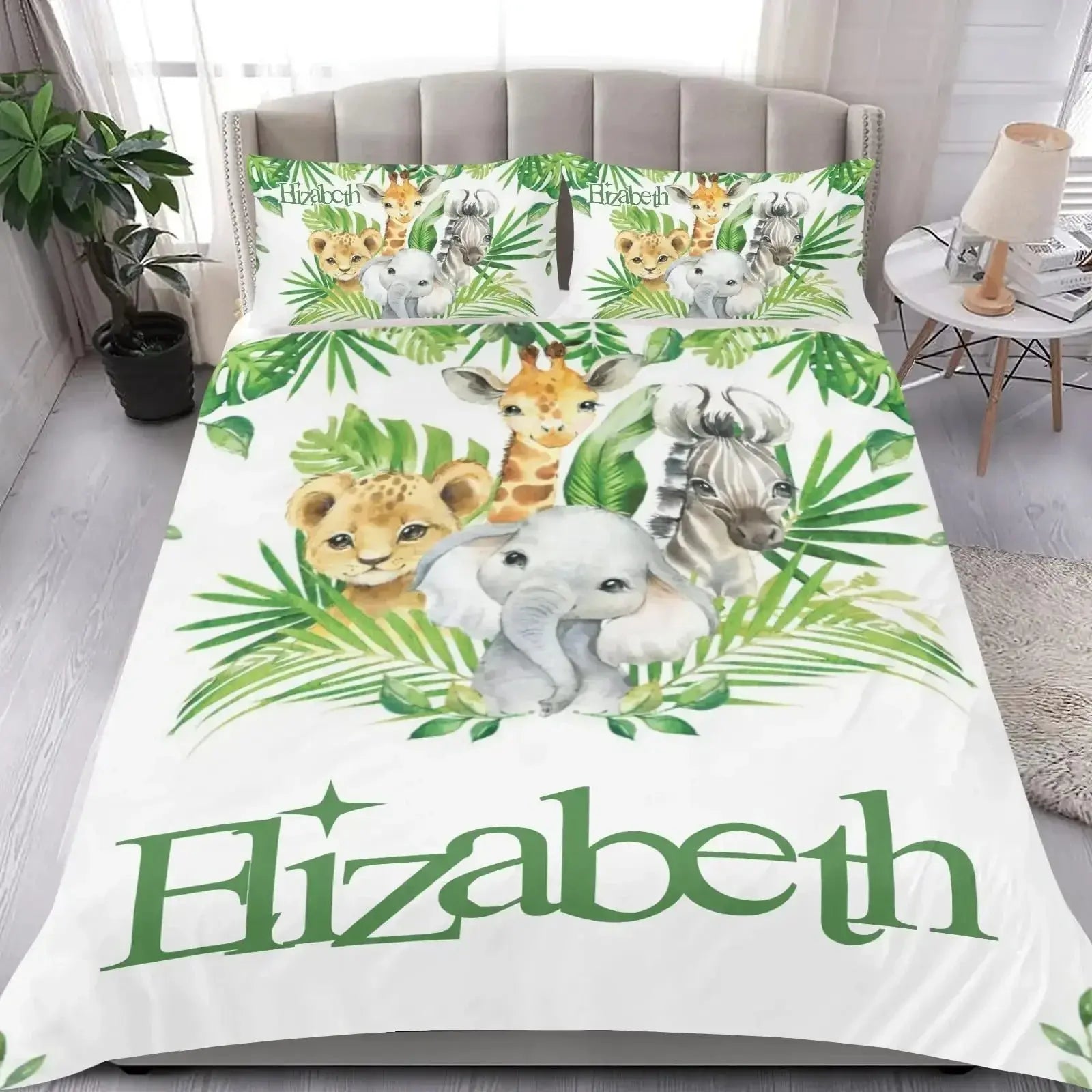 Jungle-themed bedding set featuring animals and leafy patterns on a bed in a cozy bedroom setting
