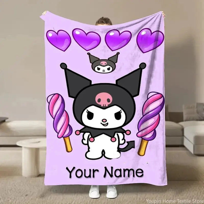 Custom Name Kuromi Blanket in Cute Girls Bedroom Setup
