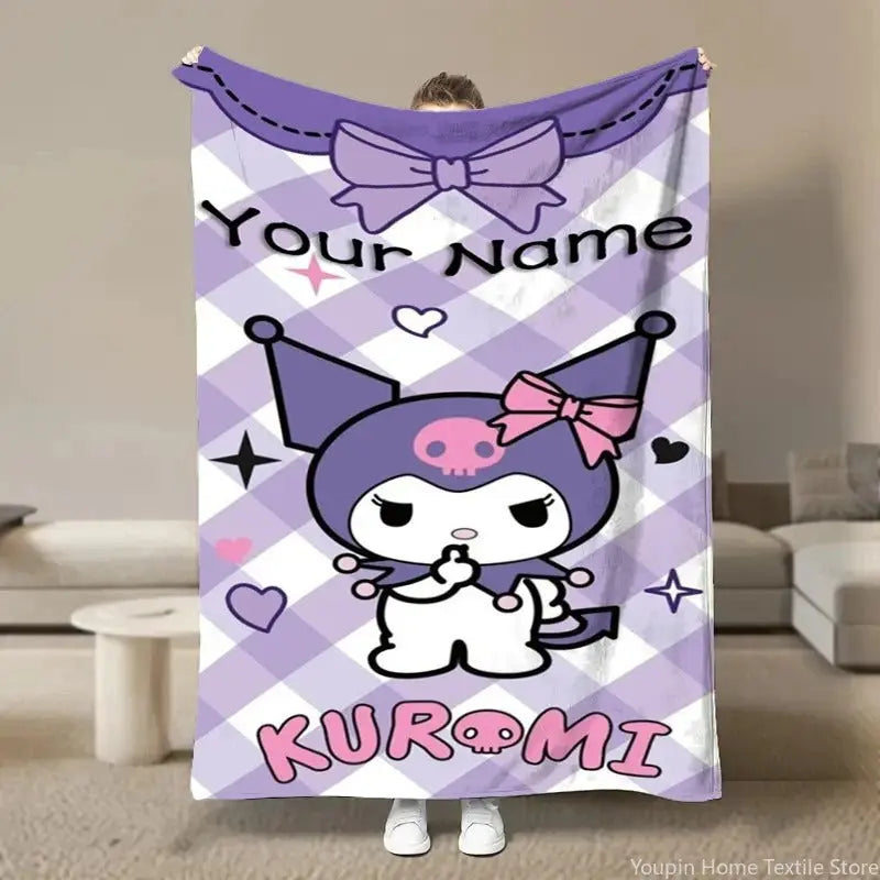 Personalized Sanrio Kuromi Fluffy Throw Blanket on a Sofa