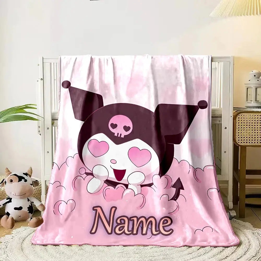 Kuromi Custom Name Blanket – Travel-Ready for Car or Airplane