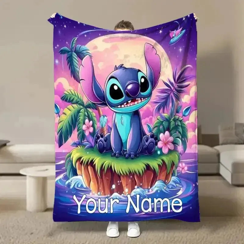 Custom Disney Stitch throw blanket with name – soft flannel fluffy personalized blanket for kids, sofa, travel, and gifts