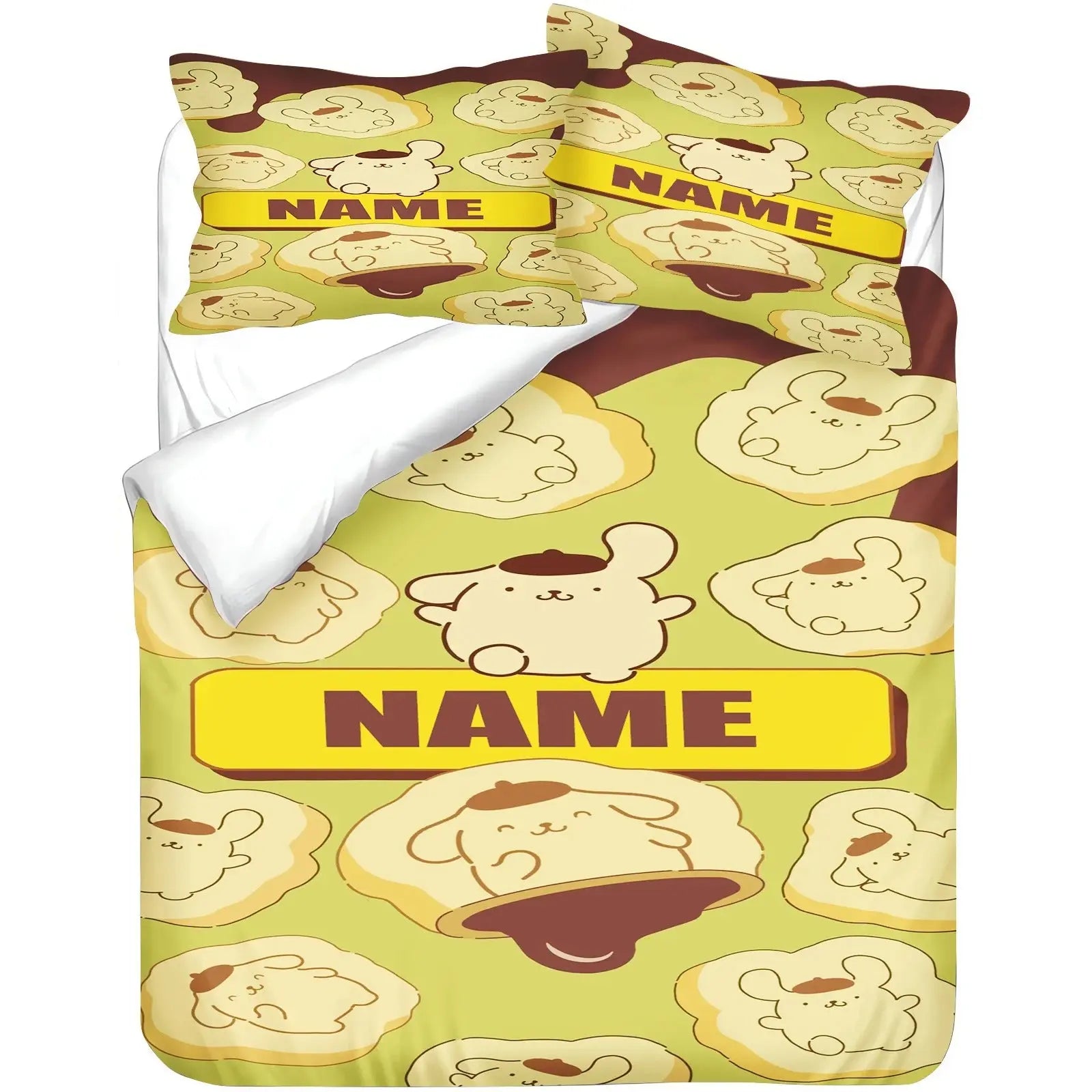 Custom Pompompurin cartoon duvet cover set with personalized name – cute Sanrio bedding set for kids, teens, or kawaii bedroom décor