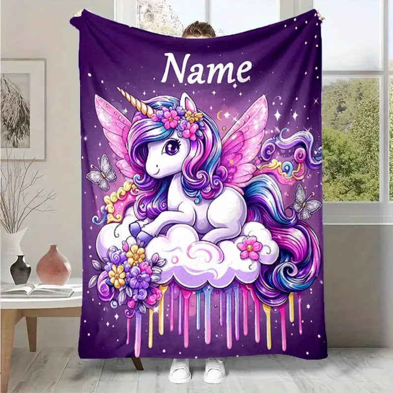 Personalized unicorn throw blanket for kids with custom name design