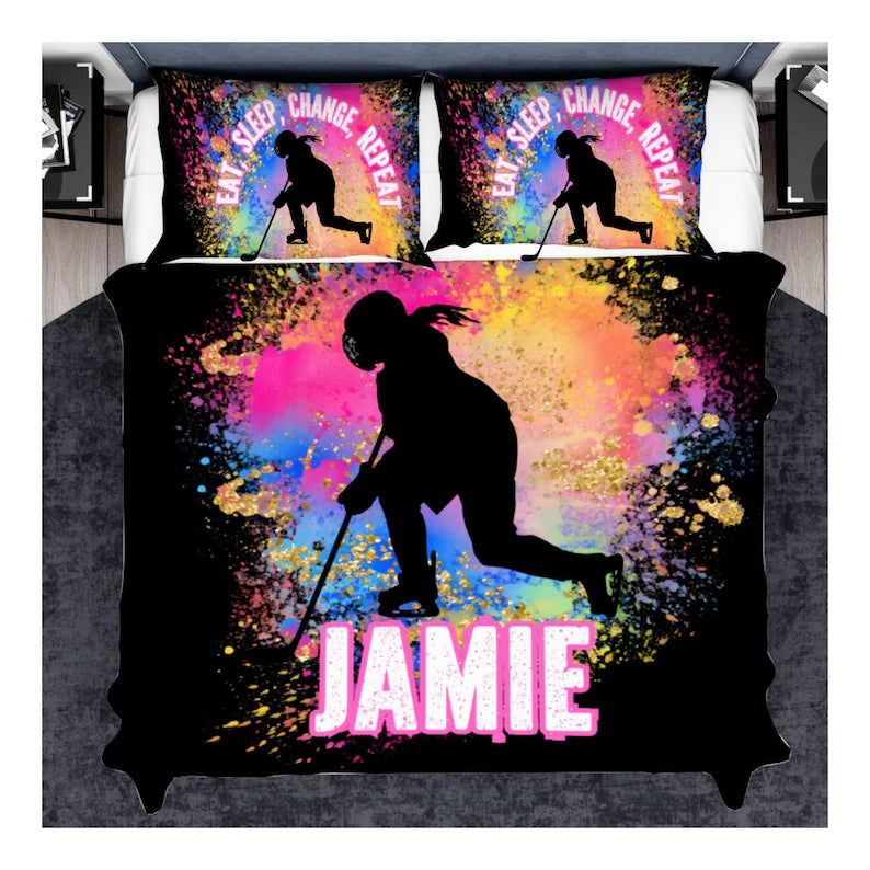 Custom Girls Ice Hockey Duvet And Pillow Set With Name On, Custom Bedding for Ice Hockey Kids, Customized Hockey Gifts For Bedroom