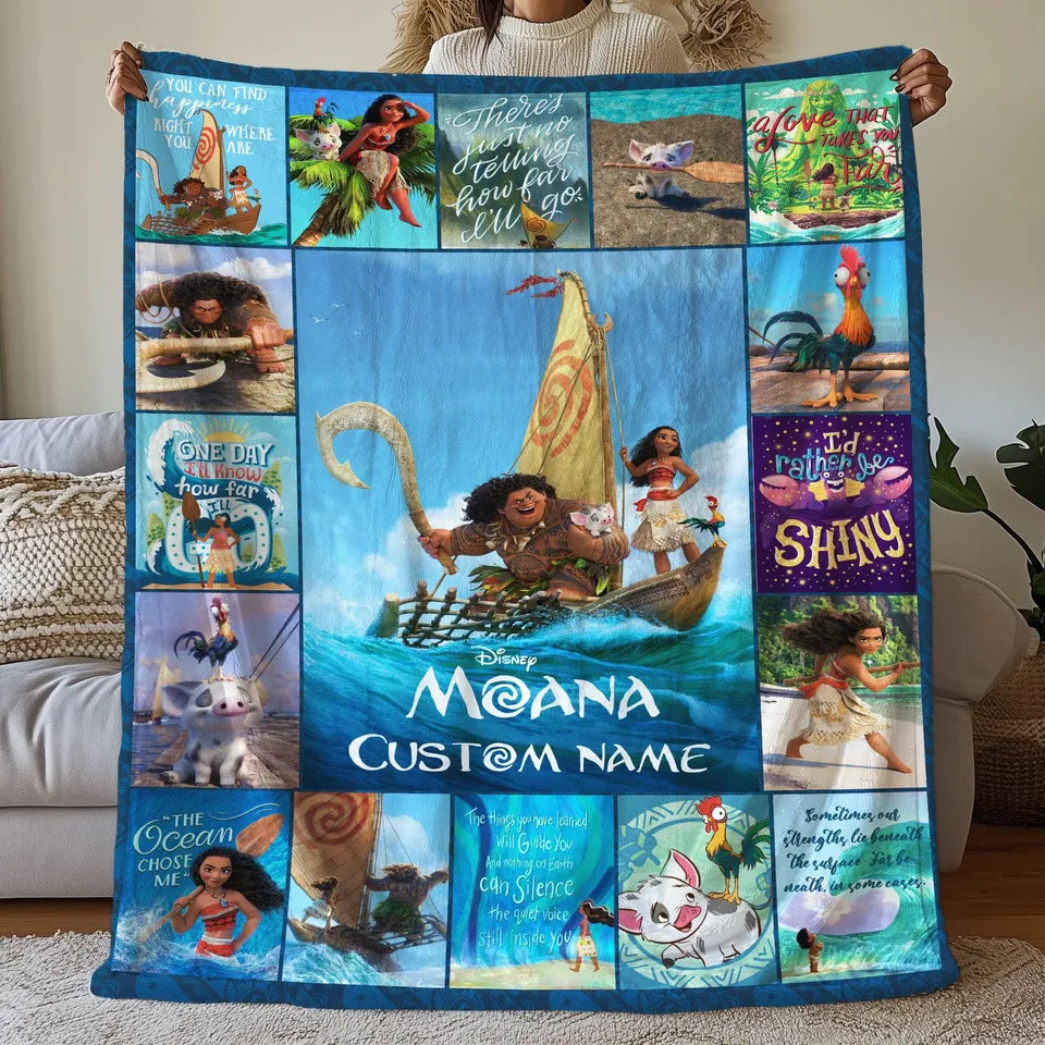 Custom Moana Pictures Collage Blanket, Cartoon Movie Moana Birthday Blanket Fleece Blanket