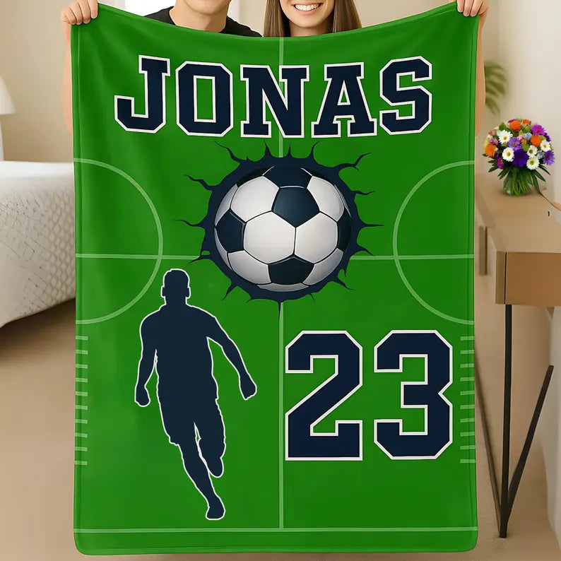 Custom Soccer Blanket with Your Name, Sports Team Blanket, Blanket with Name and Number, Gift for Soccer Lovers, Birthday Gift For Grandson