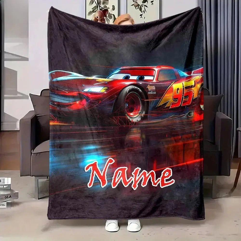 Blanket featuring Disney Cars character Lightning McQueen with personalized name, ideal for sofa or bed