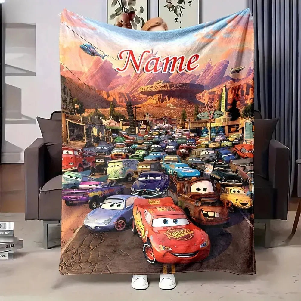 Personalized Lightning McQueen blanket shown in a child’s room setup with racing-themed decor