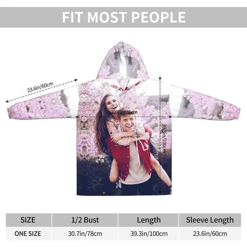 Woman wearing personalized oversized sherpa blanket hoodie with custom photo