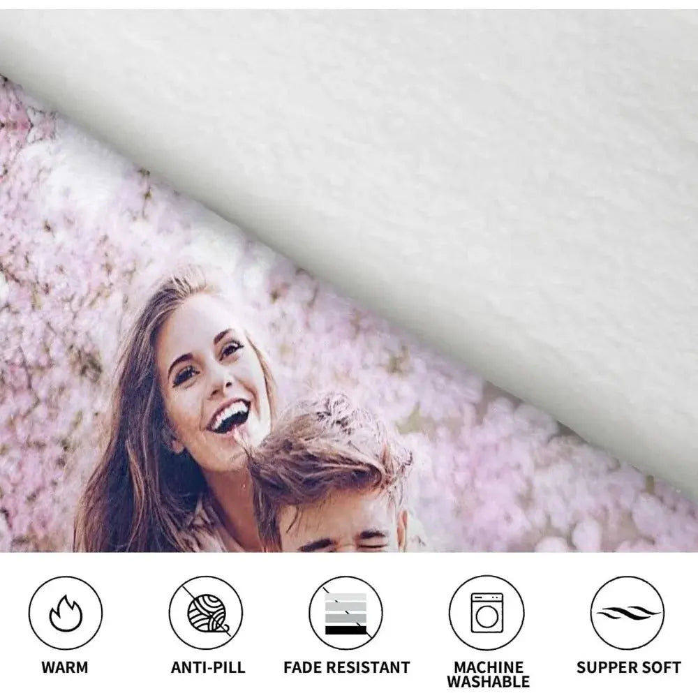 Woman wearing personalized oversized sherpa blanket hoodie with custom photo