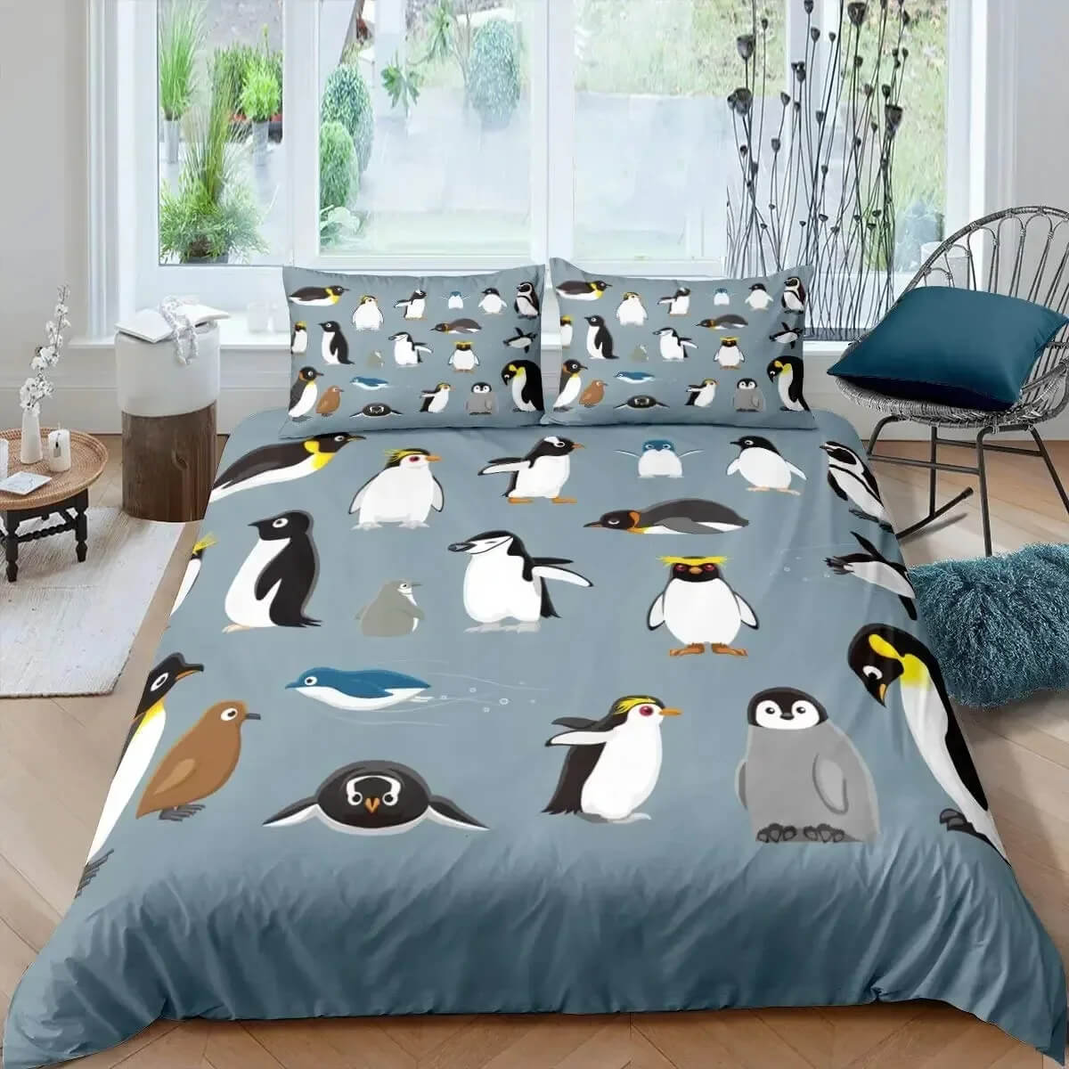 Winter themed penguin bedding