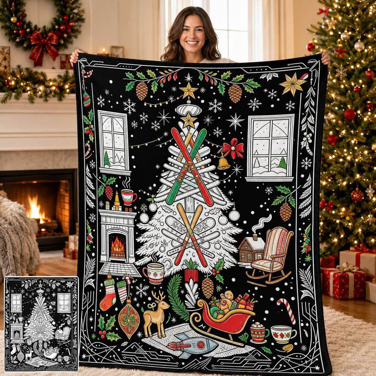 Adult coloring blanket for relaxing creative activities