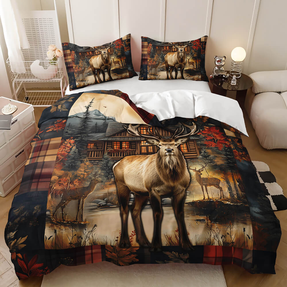 Deer duvet cover set with scenic forest and lake artwork