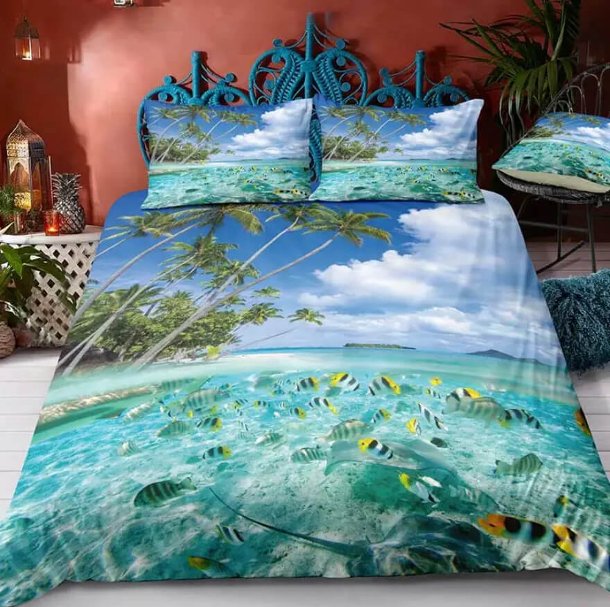 Nature-inspired 3D bedding with palm trees and ocean view