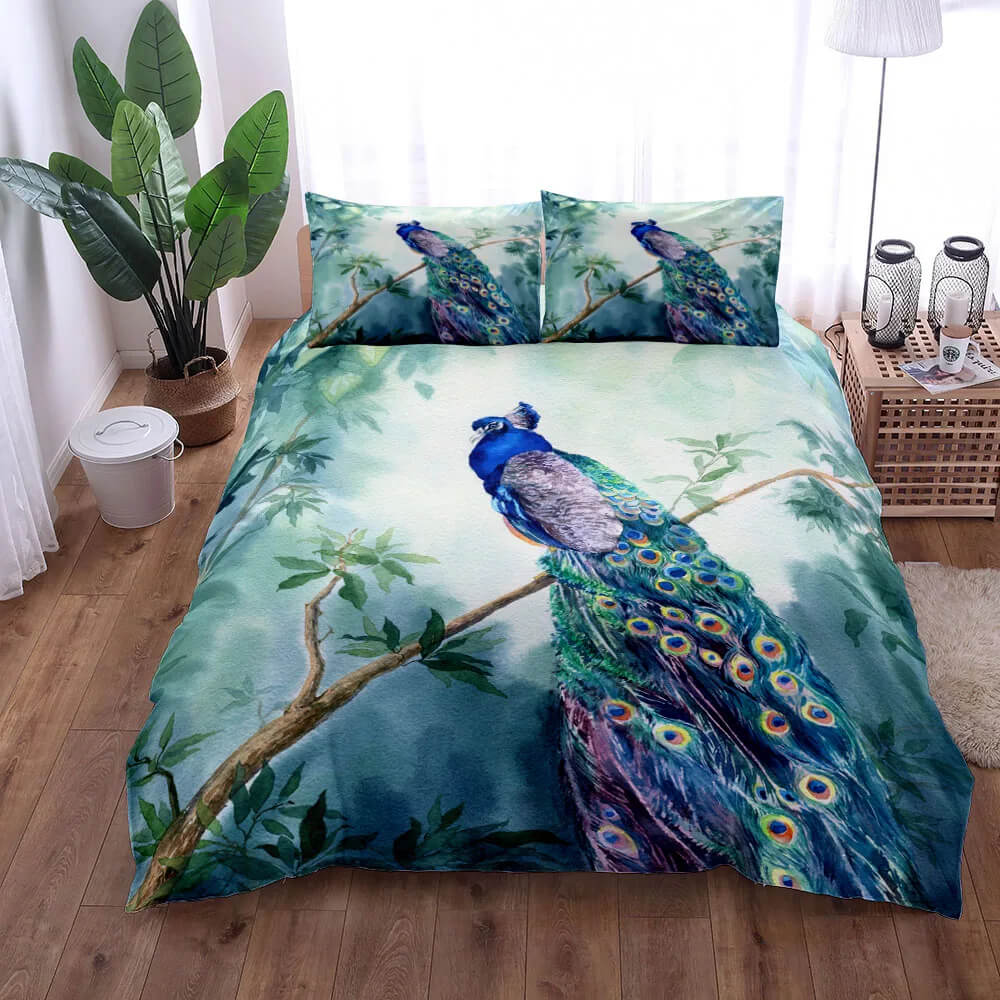 Colorful watercolor peacock bedding