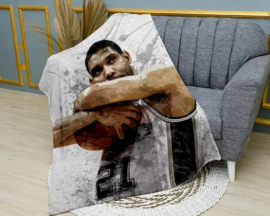 Tim Duncan splash effect flannel blanket featuring iconic NBA player design, ultra-soft warm fabric, and bold basketball graphics perfect for fans’ bedding or sofa throw