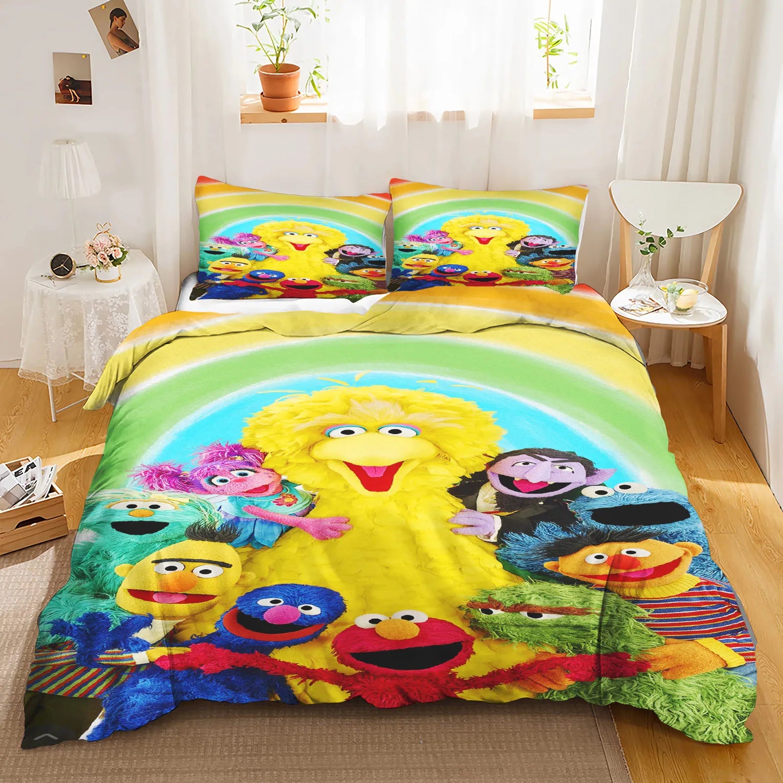 Elmo and Cookie Monster holding hands on the bottom corner of the duvet.
