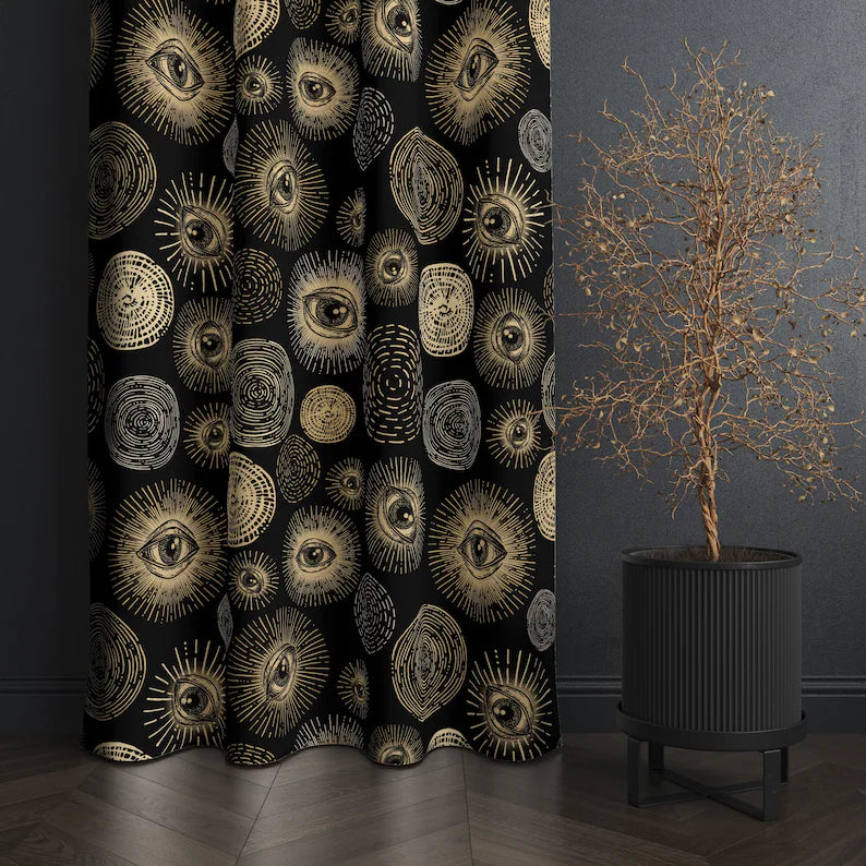 Esoteric Sun Curtain, Witchy Occult Eye Window Curtain w abstract gothic circle moon print in black & gold, A dark academia home decor accent