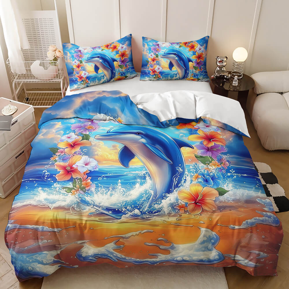 Dolphin duvet cover for teens with starry sky ocean design