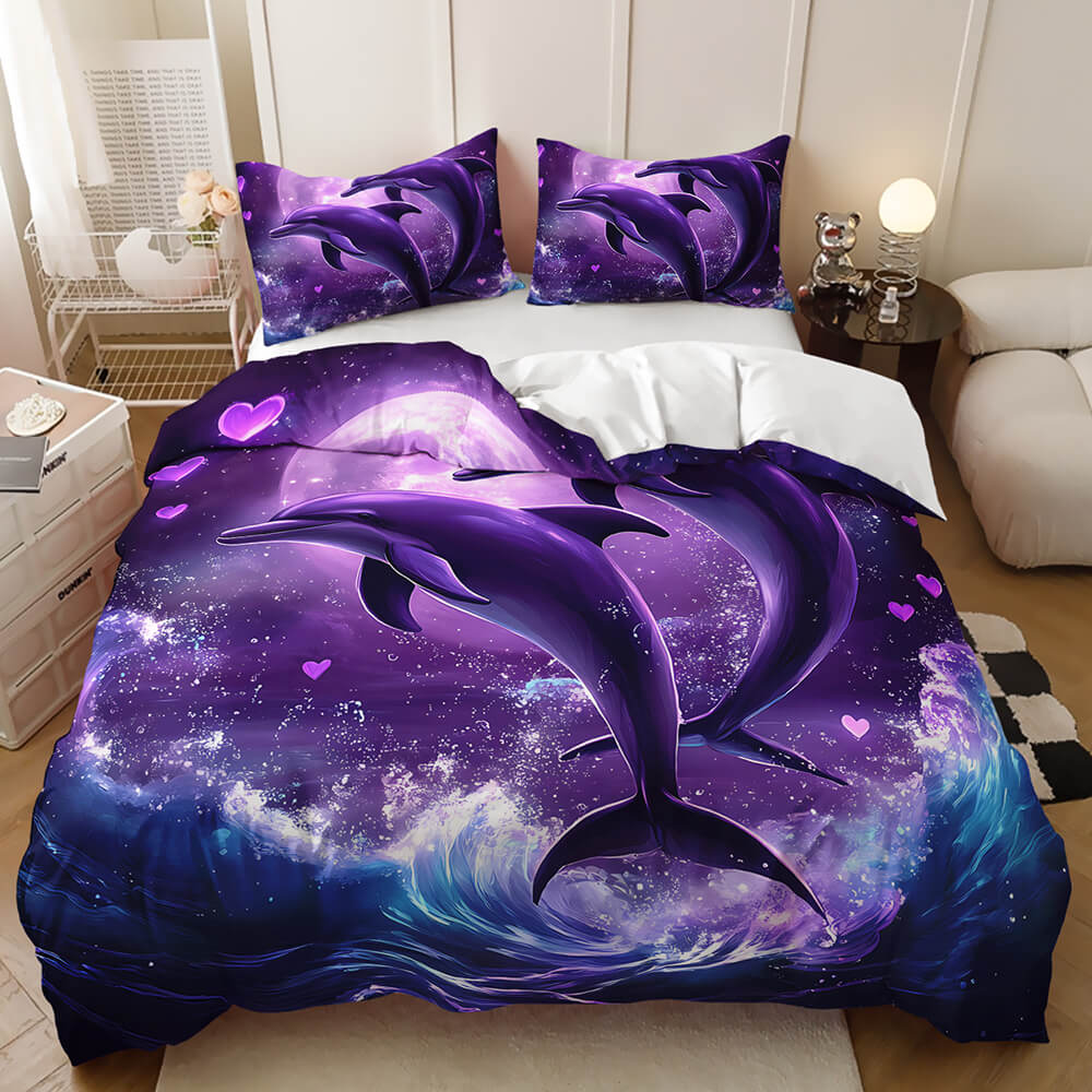 Fantasy starry sky dolphin duvet cover set with purple ocean waves and pink hearts