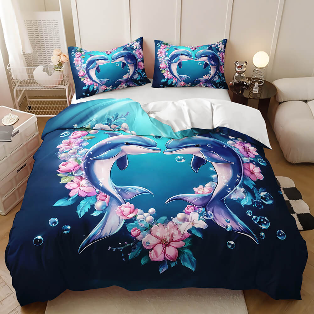 Dolphin bedding set with purple ocean waves and pink heart details