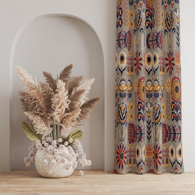 Folk Art Floral Curtain: Bohemian Ethnic Panel,