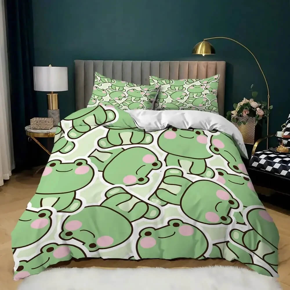 Bedding set with green frog pattern on a bed in a bedroom.