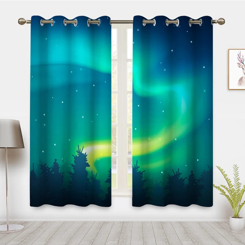 Galaxy Nebula Window Curtains Psychedelic Forest Aurora Starry Blackout Curtains Window Drapes Treatment For Bedroom Home Privacy Decor