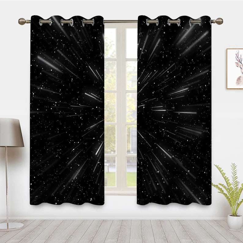 Galaxy Night Stars Burst Window Curtain, Universe Space Grey Night Starry Sky Black Window Drapery Treatments for Living Room Bedroom Decor