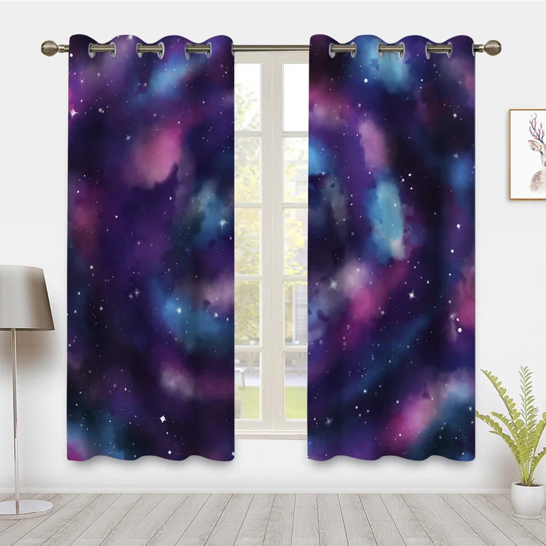 Galaxy Outer Space Nebula Window Curtains Purple Black Pink Blue Universe Swirl Fantasy Starry Stars Printed Window Drapes Treatments for Bedroom