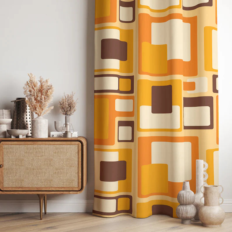Geometric Retro Curtains, Mid Century Modern Drapes, 70s Retro Panel Curtain, MCM Orange Panels, Modern Plaid Curtains
