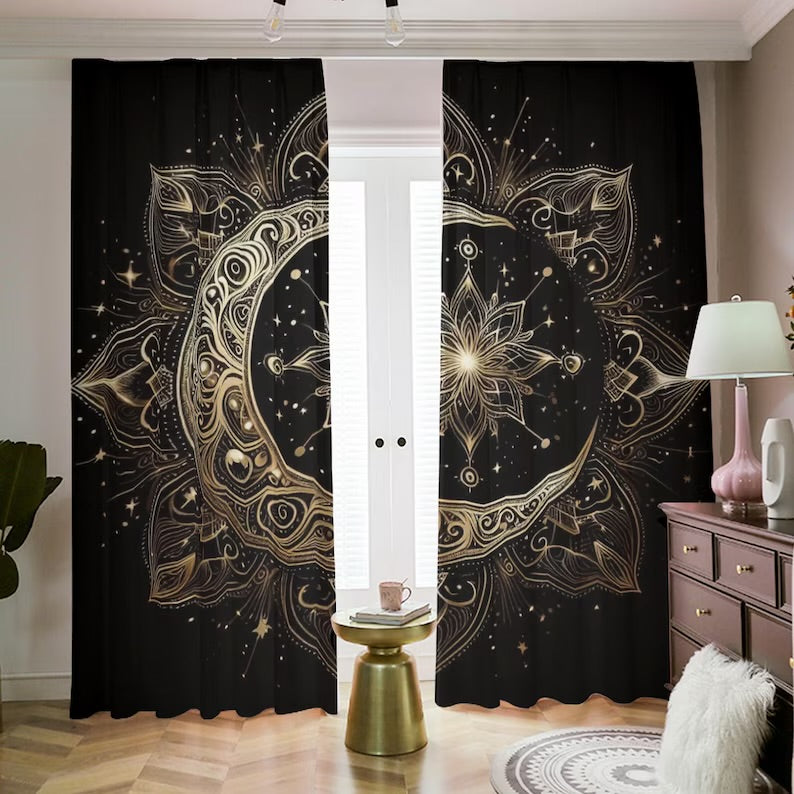 Gold Star and Moon Curtain Set: Celestial Dark Academia Drapes for living room