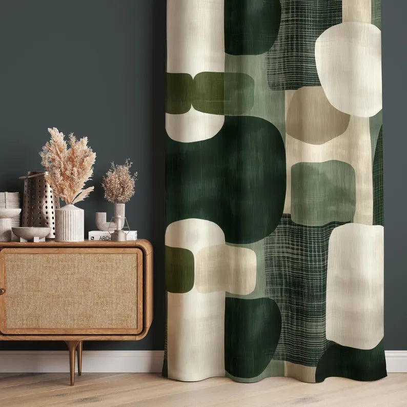 Green Abstract Curtain, Green Decor Curtains, Abstract Drape, Ethnic Geometric Window Curtain, Traditional Curtains, Green Abstract Pattern