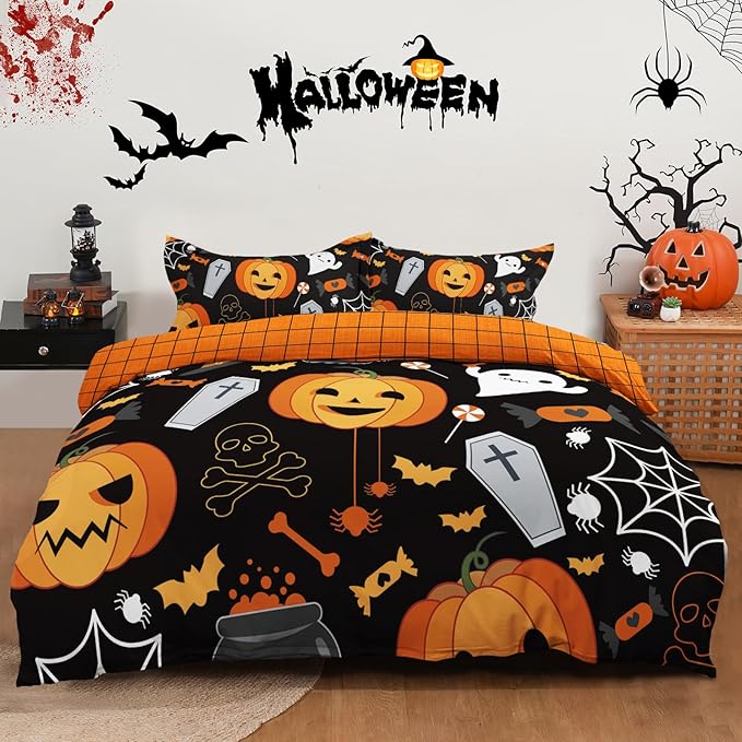 Halloween Duvet Cover Queen Size, Skull Pumpkin Black Bedding Set Holiday Decor Reversible Comforter Cover With Pillowcases 3PCs for Kids Teens