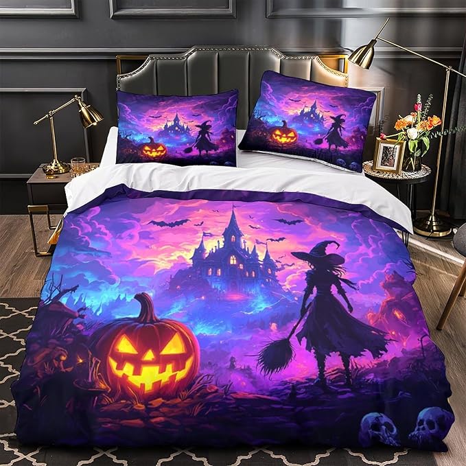 Halloween Witch 3D Print Bedding Set Comforter Cover Duvet Cover Bedspread Quilt Cover with Pillowcases Microfiber Bed Sets with Zipper for Kids Adults